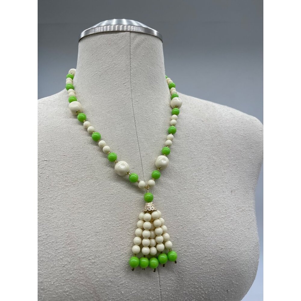 Vintage Tassel Necklace- Art Deco- Green Faux Pearls- 22